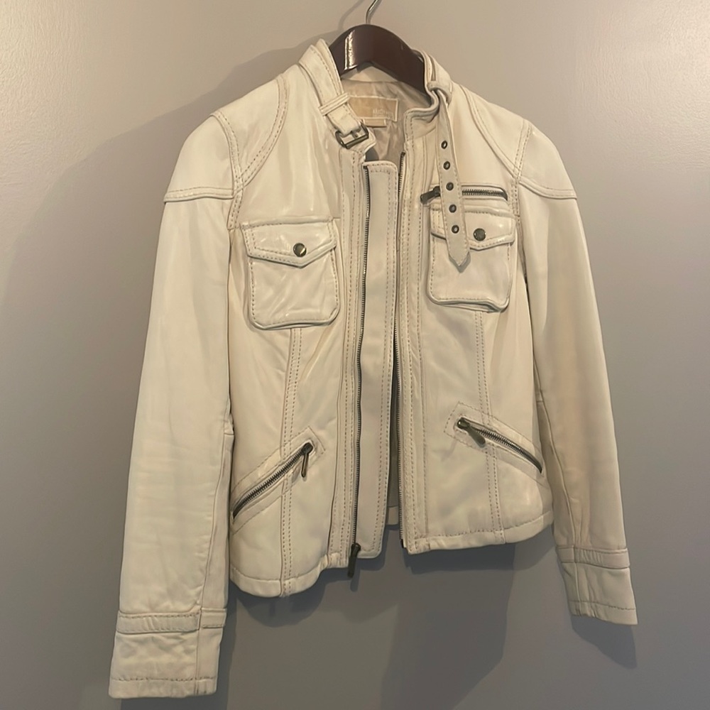 Michael Kors leather motorcycle moto jacket ivory XS